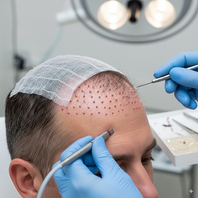 A patient undergoing a hair transplant procedure, with a surgeon's gloved hands meticulously implanting hair follicles onto the patient's scalp, which is covered with small red dots where the new hairs are being placed.
