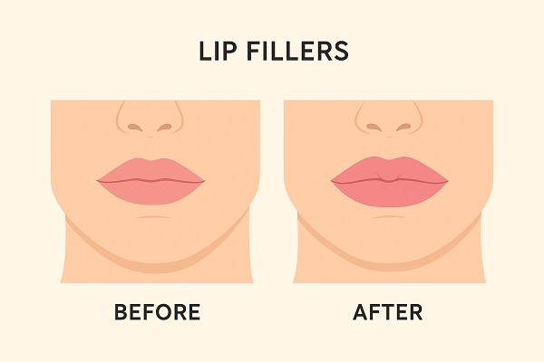 Before and after lip fillers results illustration showing fuller lips