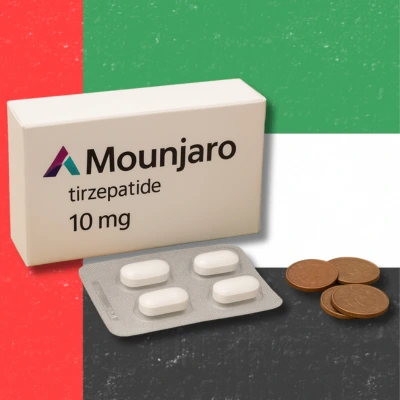 A Mounjaro Price In The UAE displays a sleek white box, adorned with purple script, on a vibrant green and red backdrop. Inside, three elegant white pills catch the eye, while six golden coins on the right accentuate the premium feel, making it a visually captivating product.