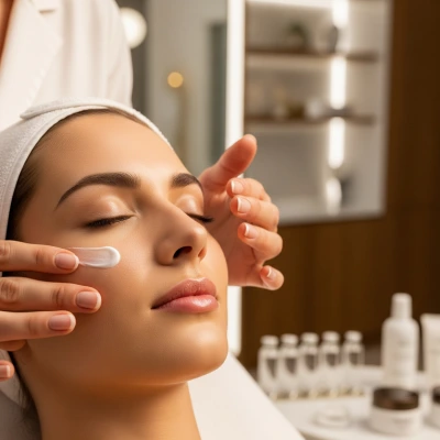 A PRF Treatment For Face Cost In Dubai displays a luxurious spa scene where a Dubai client luxuriates in a rejuvenating procedure. The therapist skillfully applies PRF, highlighting the unique cost-effective option, as the serene setting with beauty products adds to the pampering experience.